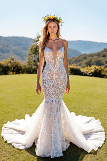 Mermaid Ivory Lace Long Wedding Dress
